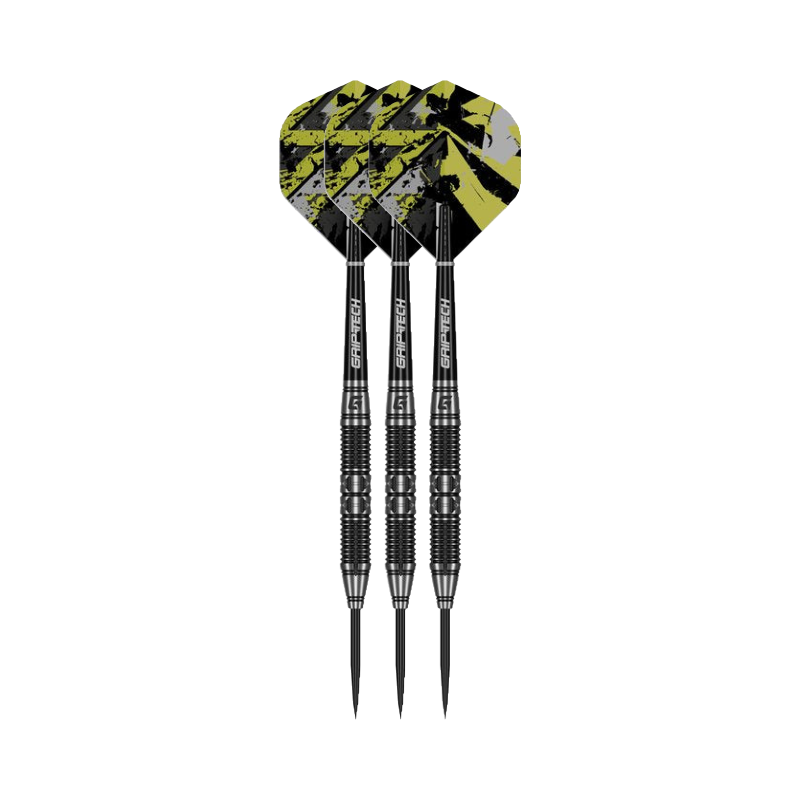 Goat Dumbbell steel-tip darts, three assembled darts with flights, shafts and points on a white background.