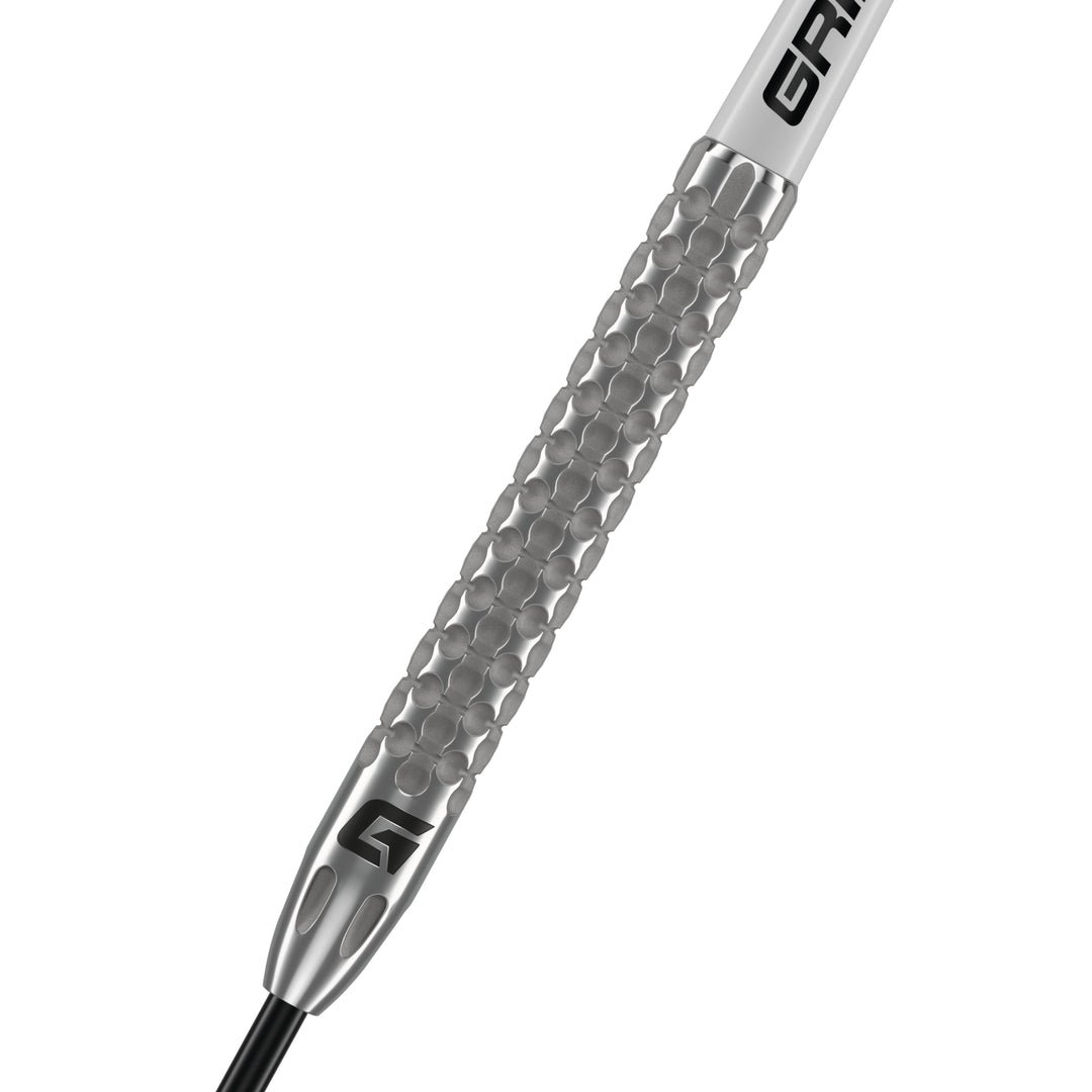 Fairway v1 Steel Tip Darts – silver barrel with dimpled grip in close-up