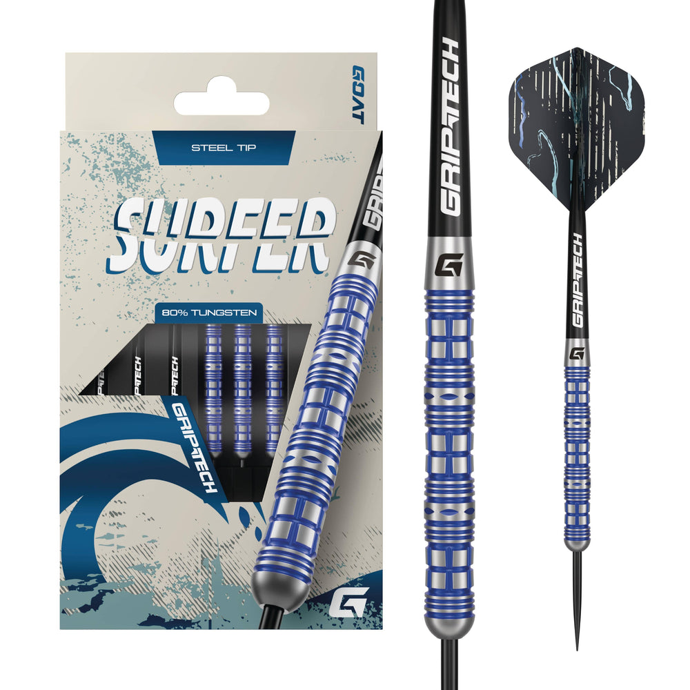 Goat Surf Steel Tip Darts 80% Tungsten — dart, barrel detail and packaging
