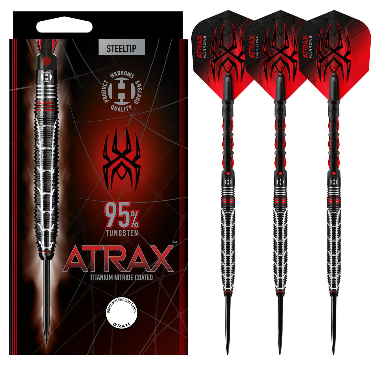 Harrows Atrax Steel Tip Darts - 95% Tungsten — three barrel close-ups