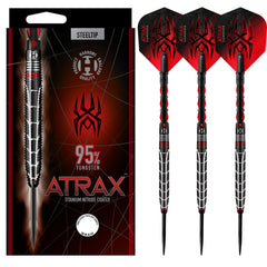 Harrows Atrax 95% tungsten steel tip darts with red flights and retail packaging