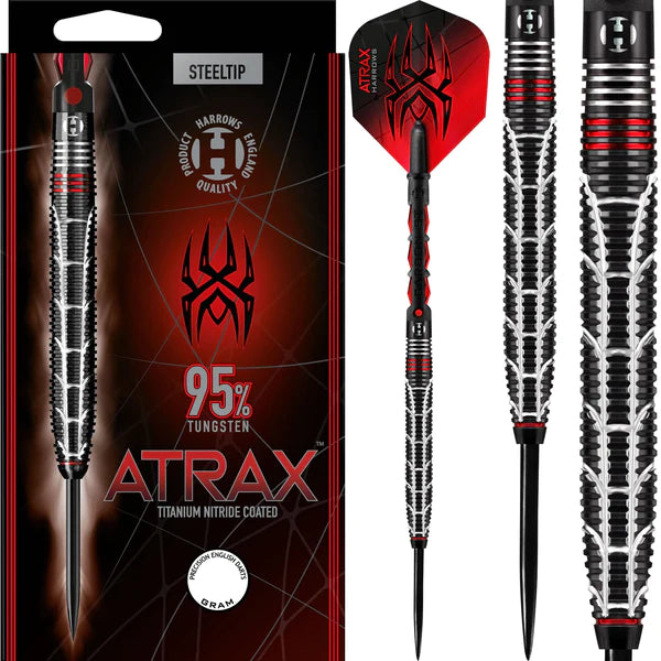 Harrows Atrax 95% tungsten darts, packaging and milled barrel detail
