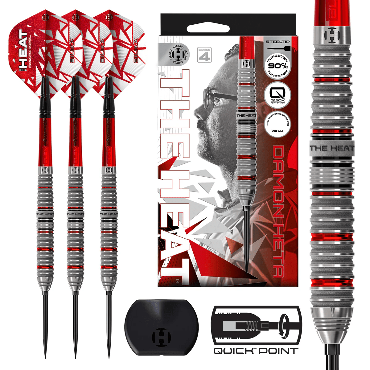 Damon Heta V4 QP Steel Tip Darts - 90% Tungsten — three barrel close-ups