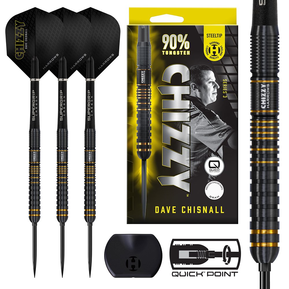 Harrows Dave Chisnall V3 Steel Tip Darts 90% Tungsten — set contents and packaging