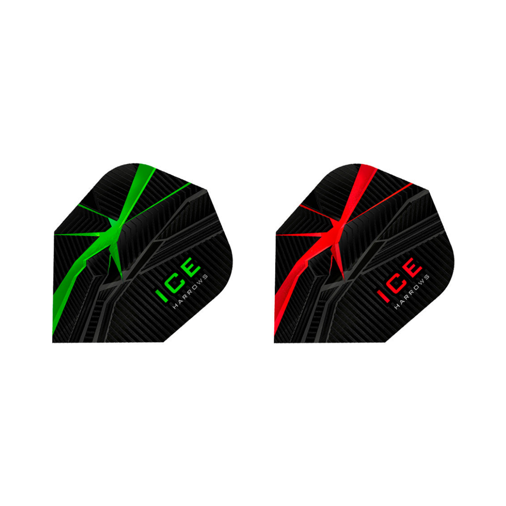 Harrows Ice Recut Standard Dart Flights in Green, Red; one of each colour shown, matching-colour packs sold separately.