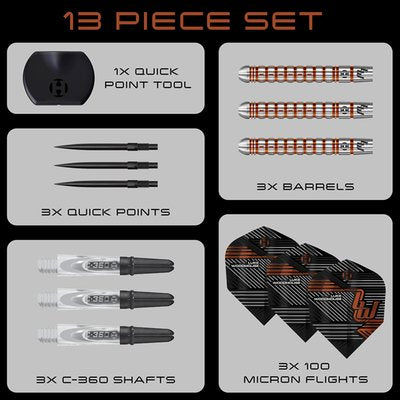 Harrows Luke Woodhouse S2 QP Steel Tip Darts 90% Tungsten — set contents diagram
