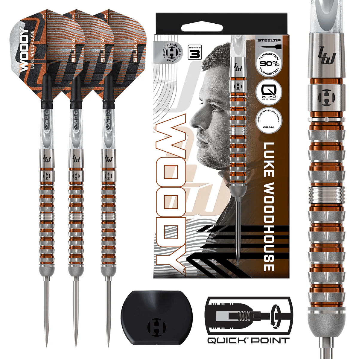 Luke Woodhouse S3 QP Steel Tip Darts - 90% Tungsten — three barrel close-ups