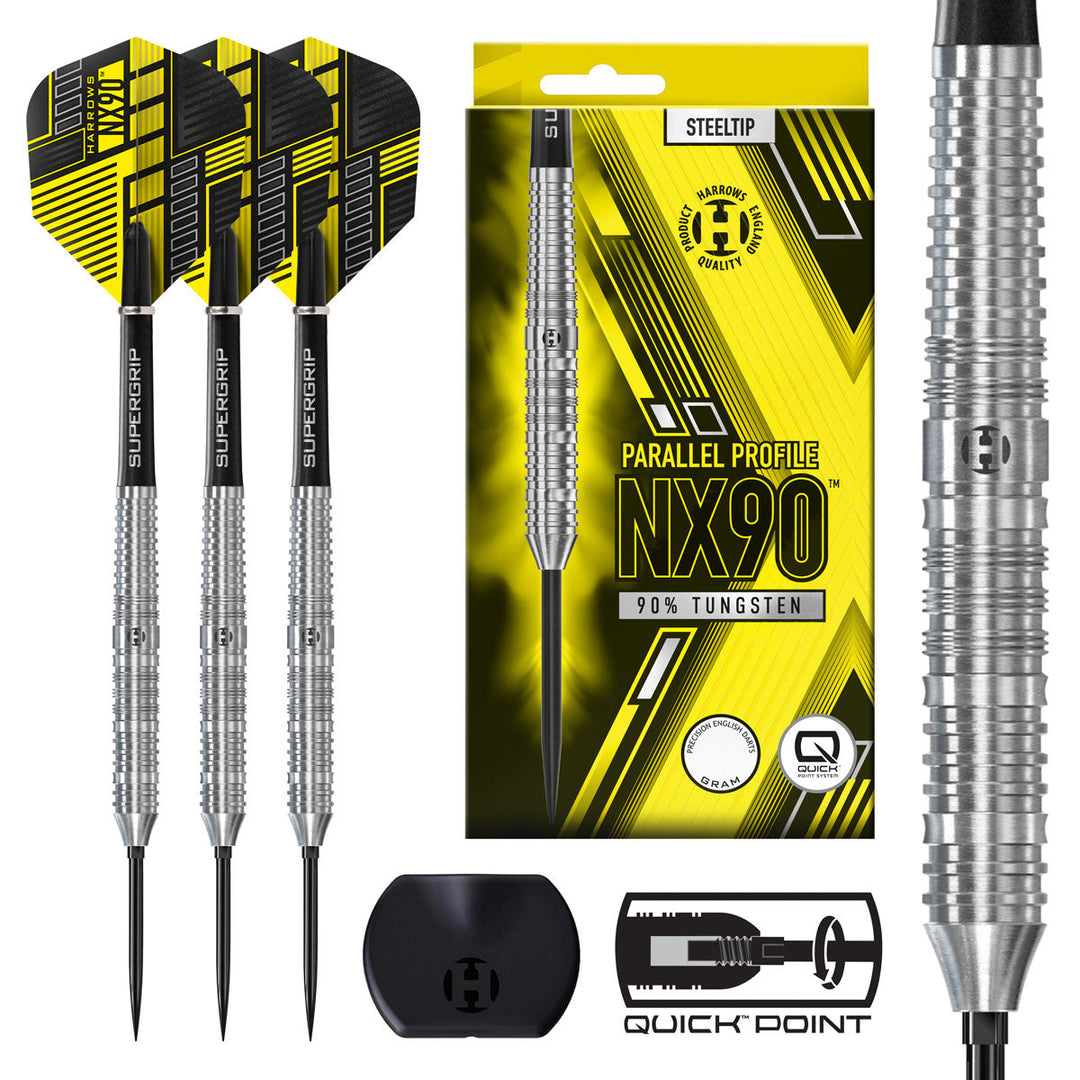 Harrows Nx90 Parallel Steel Tip Darts 90% Tungsten — set contents and packaging