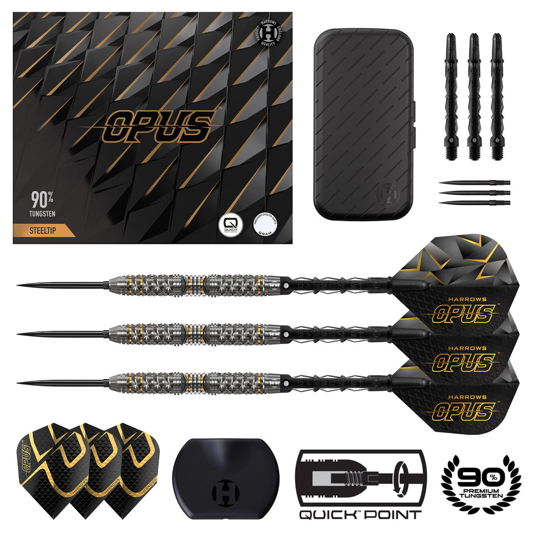 Harrows Opus Steel Tip Darts 90% Tungsten — set contents and packaging