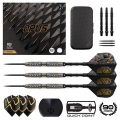 Harrows Opus Steel Tip Darts 90% Tungsten — set contents and packaging