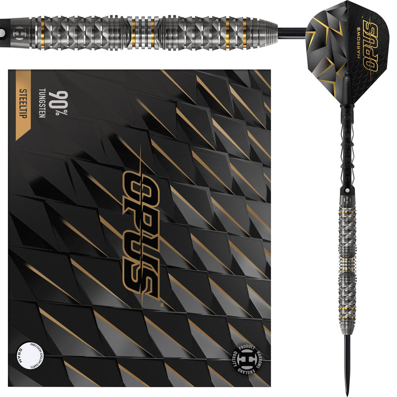 Harrows Opus Steel Tip Darts 90% Tungsten — dart, barrel detail and packaging