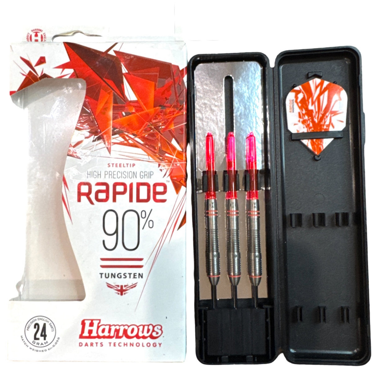 Harrows Rapide 90% Tungsten Steel Tip Darts - Used / Trade-In — three barrel close-ups
