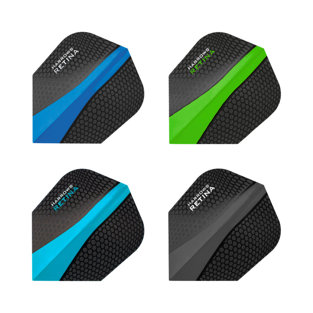 Harrows Retina Standard Dart Flights in Blue, Green, Aqua, Smokey; one of each colour shown, matching-colour packs sold separately.