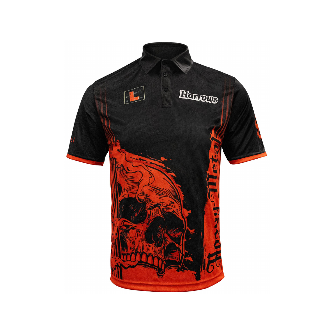 Harrows Ryan Searle 2 player shirt; one complete front view on white, preserving actual printed design, collar, sleeves and hem.