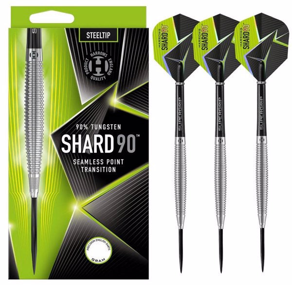 Harrows Shard 90 Steel Tip Darts 90% Tungsten — set contents and packaging