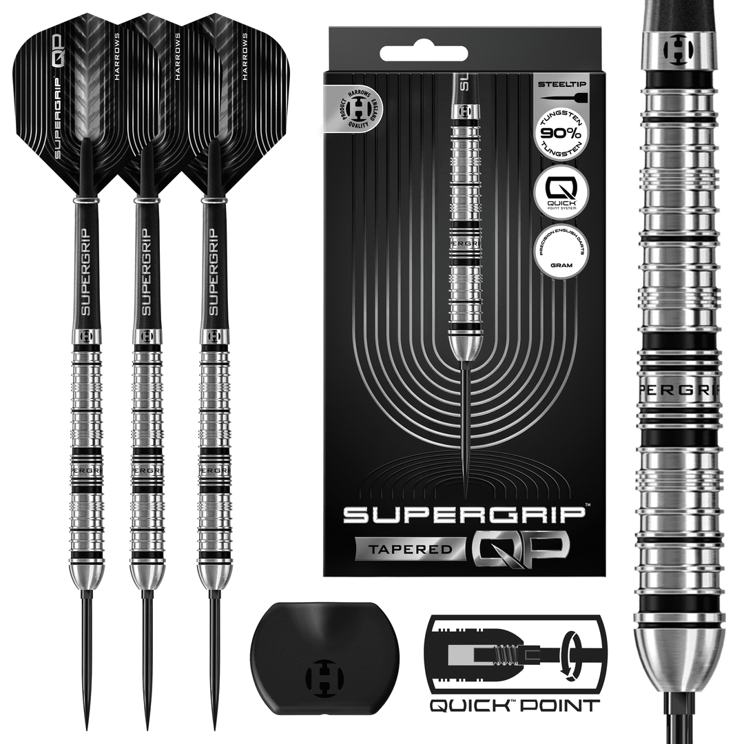 Harrows Supergrip Bomb QP Steel Tip Darts 90% Tungsten — set contents and packaging