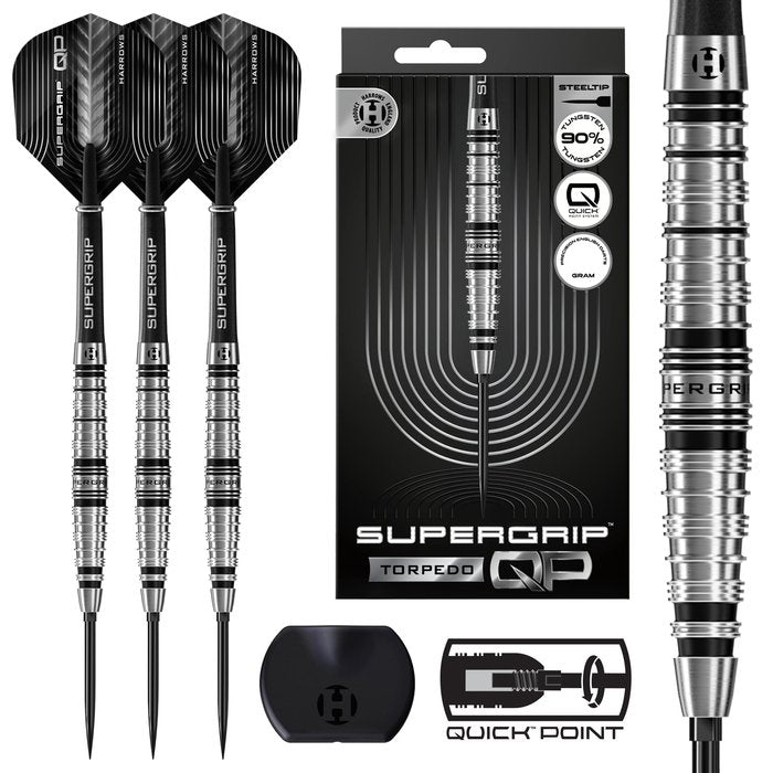 Supergrip Torpedo QP Steel Tip Darts - 90% Tungsten — three barrel close-ups