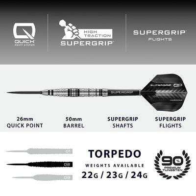 Harrows Supergrip Torpedo QP Steel Tip Darts 90% Tungsten — dart specification chart