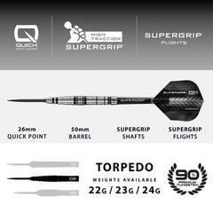 Harrows Supergrip Torpedo QP Steel Tip Darts 90% Tungsten — dart specification chart