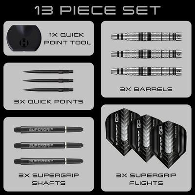 Harrows Supergrip Torpedo QP Steel Tip Darts 90% Tungsten — set contents diagram