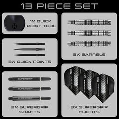 Harrows Supergrip Torpedo QP Steel Tip Darts 90% Tungsten — set contents diagram