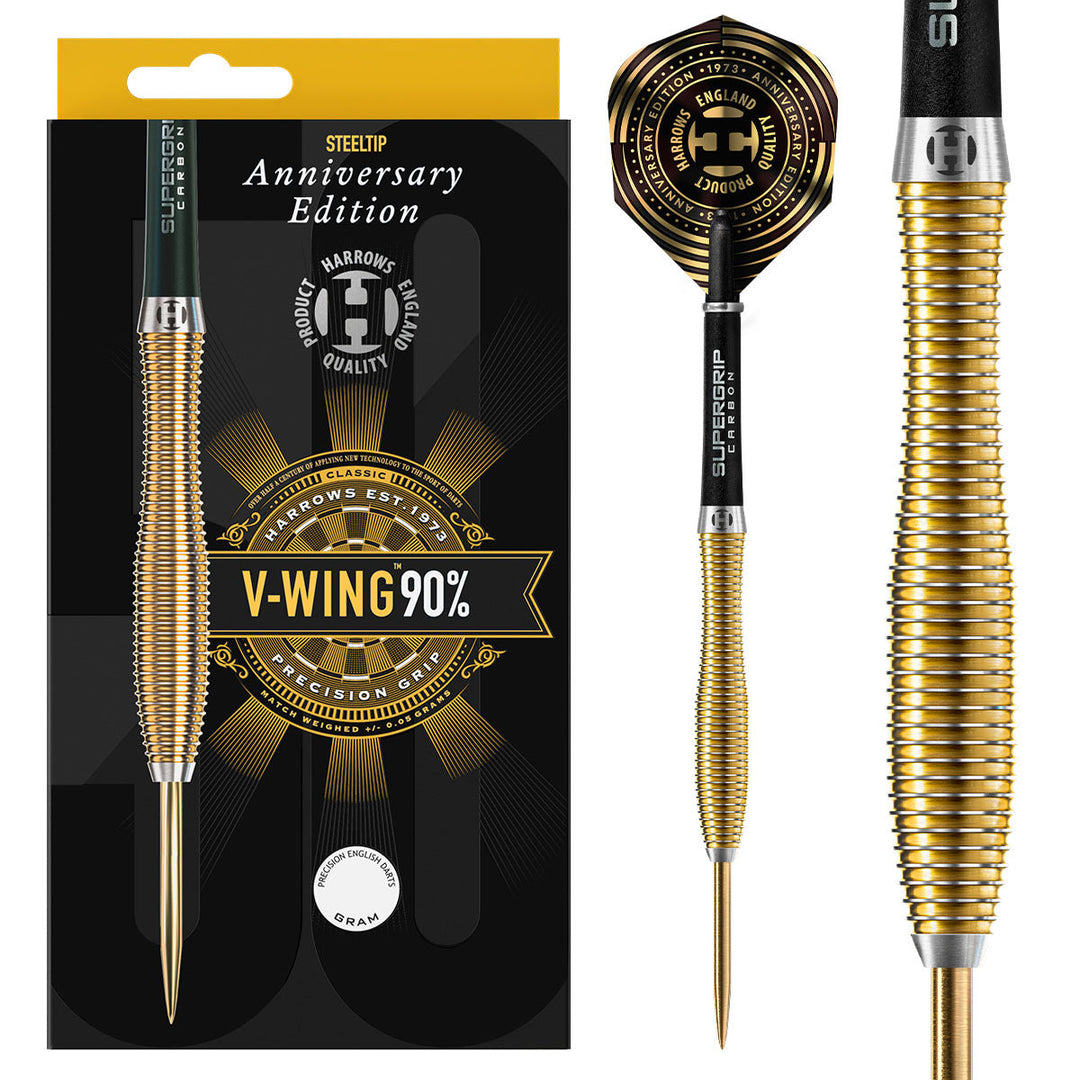 Harrows V Wing Steel Tip Darts 90% Tungsten — dart, barrel detail and packaging