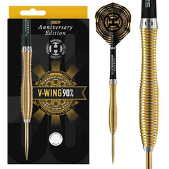 Harrows V Wing Steel Tip Darts 90% Tungsten — dart, barrel detail and packaging