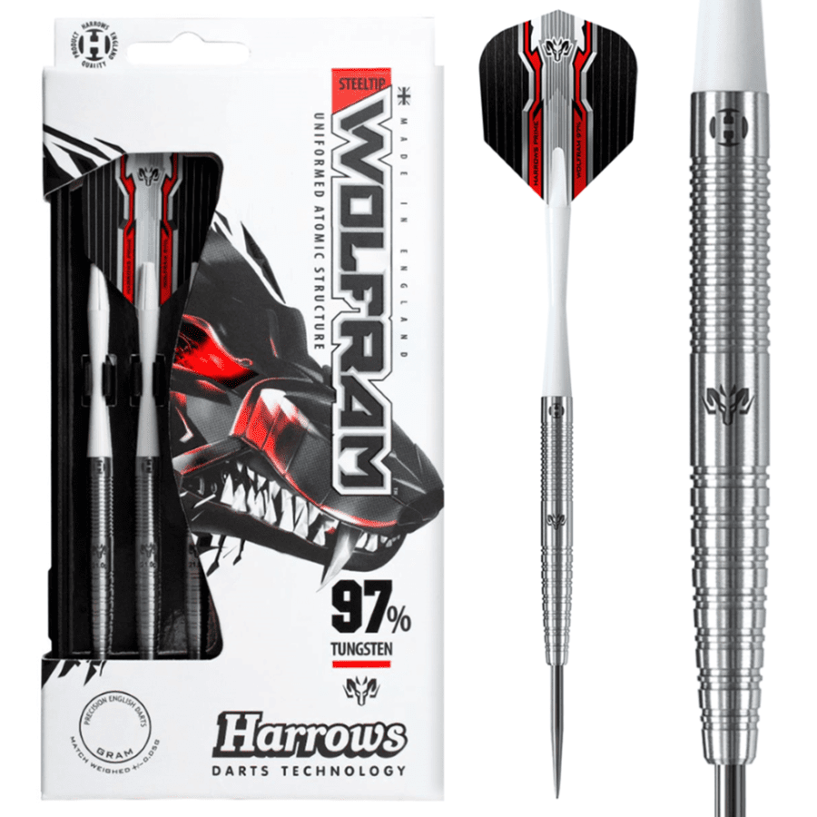 Harrows Wolfram Steel Tip Darts 97% Tungsten — dart, barrel detail and packaging