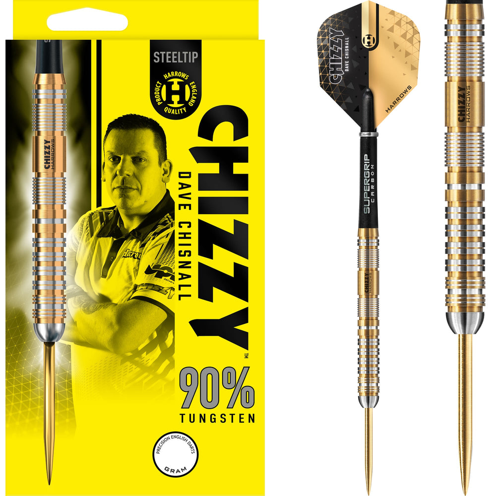 Harrows Chizzy Steel Tip Darts 90% Tungsten — dart, barrel detail and packaging