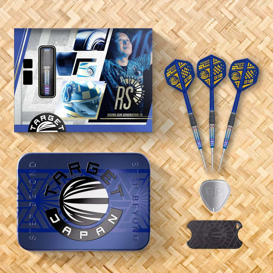 Target Japan Haruki Muramatsu G10 Rising Sun Steel Tip Darts 95% Tungsten — set contents and packaging