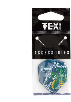 Tex Hydra standard dart flights – blue and green dragon design in retail packaging
