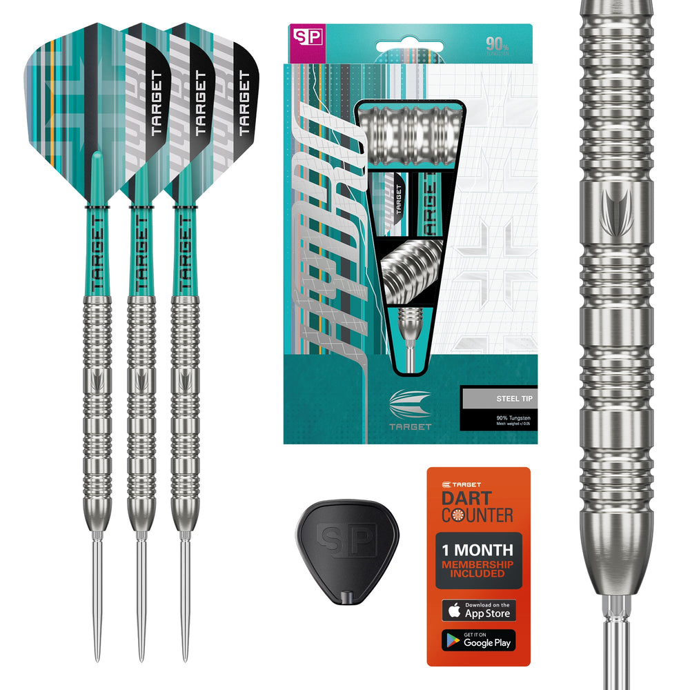 Target Hydro 02 Steel Tip Darts 90% Tungsten — set contents and packaging