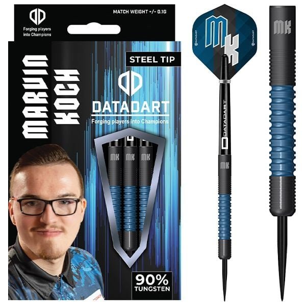 Datadart Marvin Koch Steel Tip Darts 90% Tungsten — dart, barrel detail and packaging