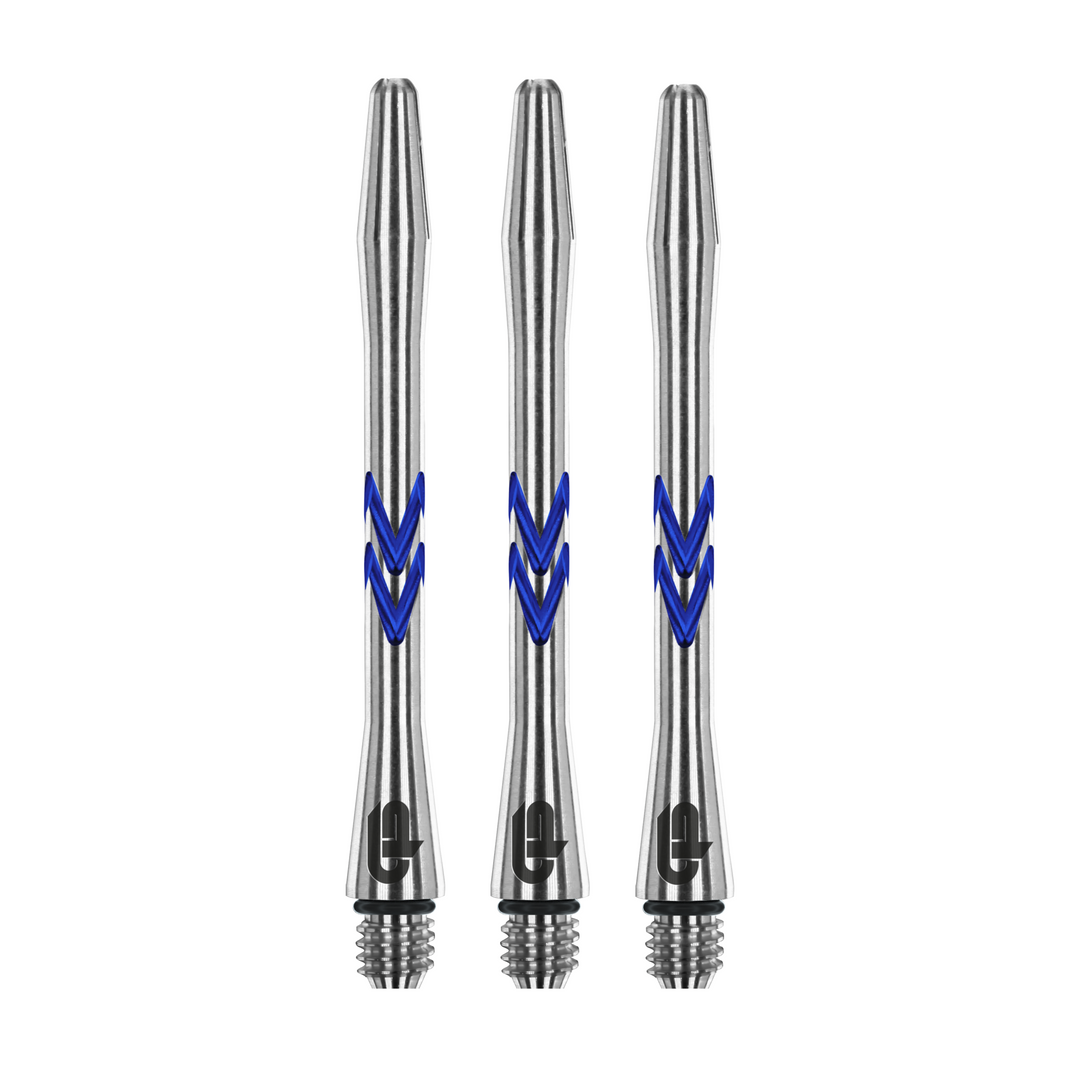 Three silver Gerwyn Price Iceman V-Groove medium shafts with blue accents