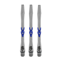 Three silver Gerwyn Price Iceman V-Groove medium shafts with blue accents