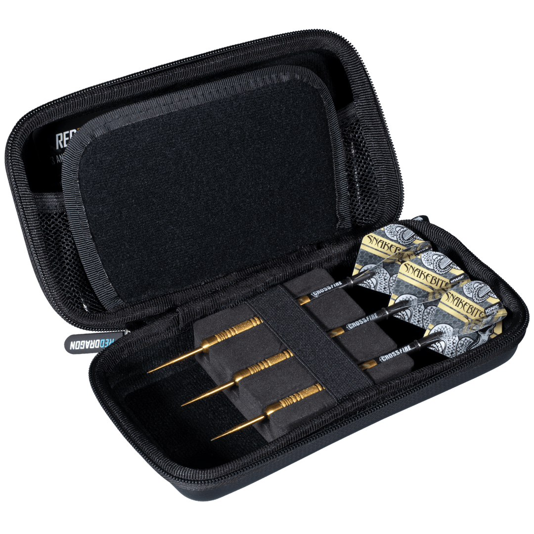 Open black Peter Wright Snakebite case with darts and spare flights