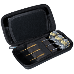 Open black Peter Wright Snakebite case with darts and spare flights