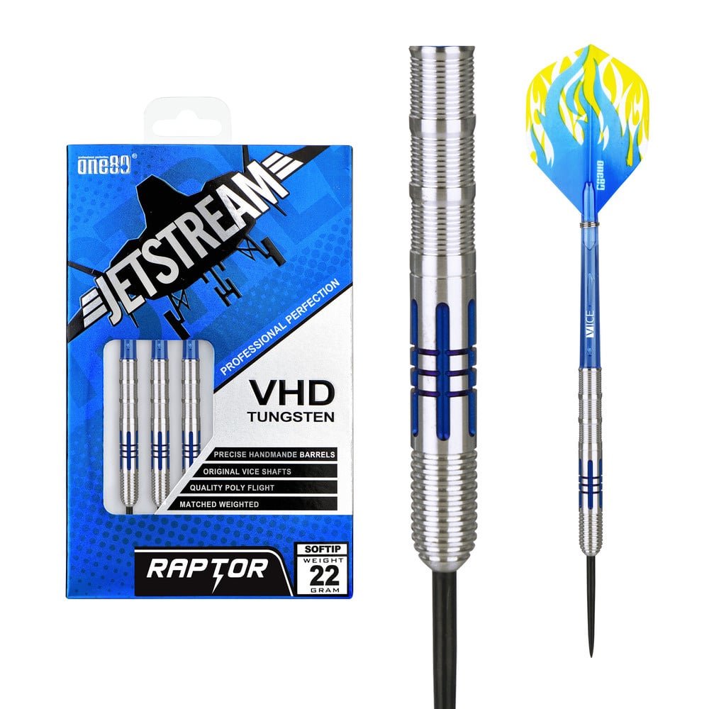 One80 Raptor Jetstream Steel Tip Darts 90% Tungsten — dart, barrel detail and packaging