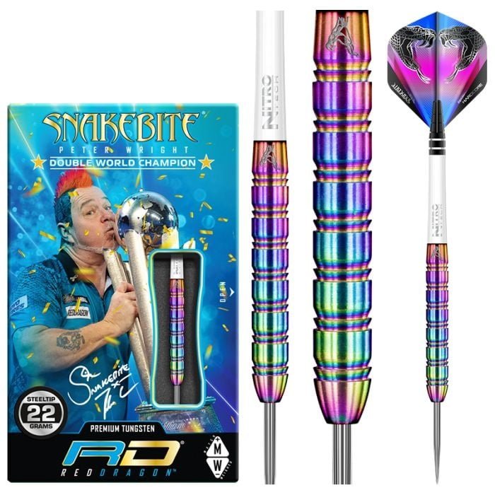 Peter Wright Snakebite darts with multicoloured barrels and retail packaging