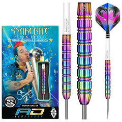 Peter Wright Snakebite darts with multicoloured barrels and retail packaging