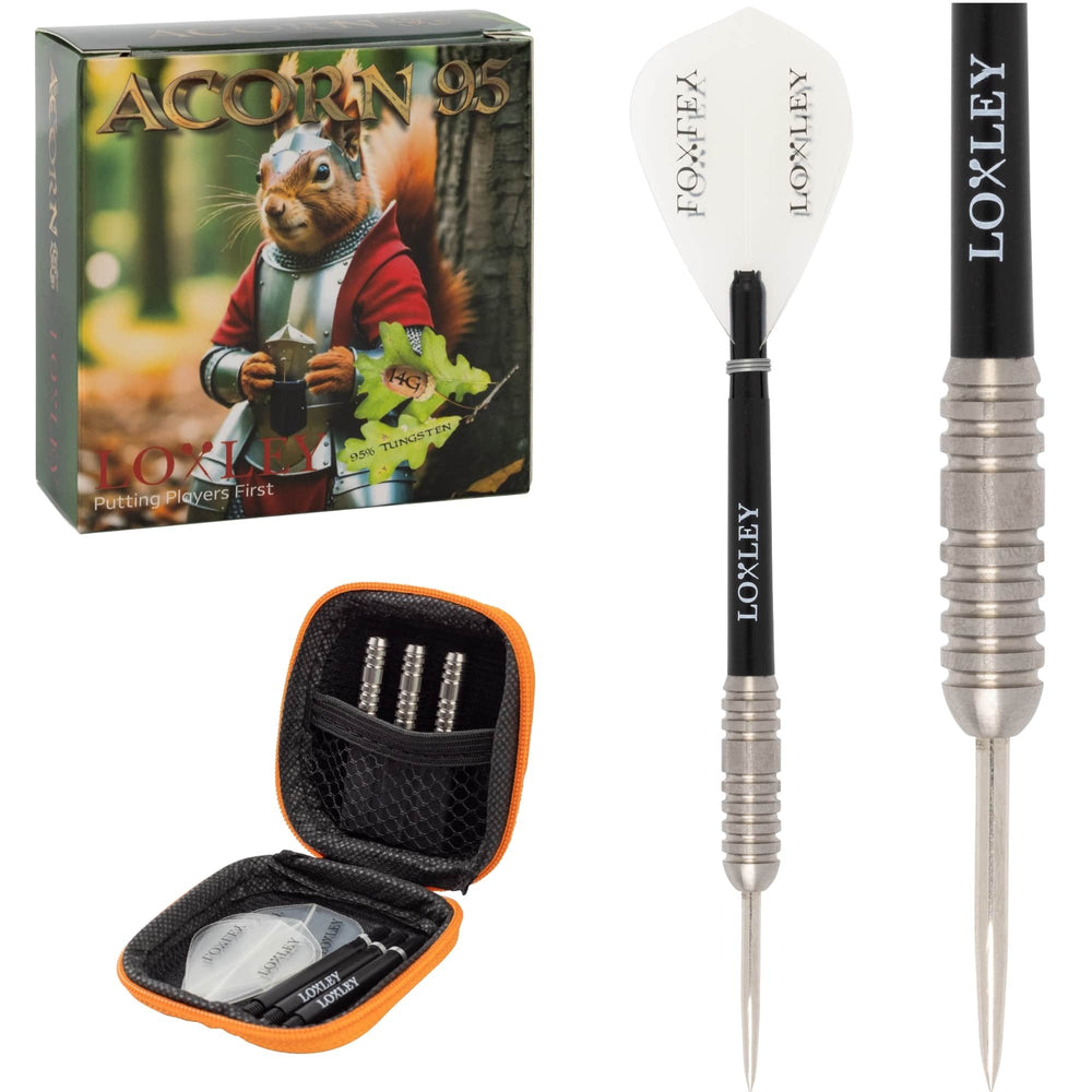 Loxley Acorn Steel Tip Darts 95% Tungsten — set contents and packaging