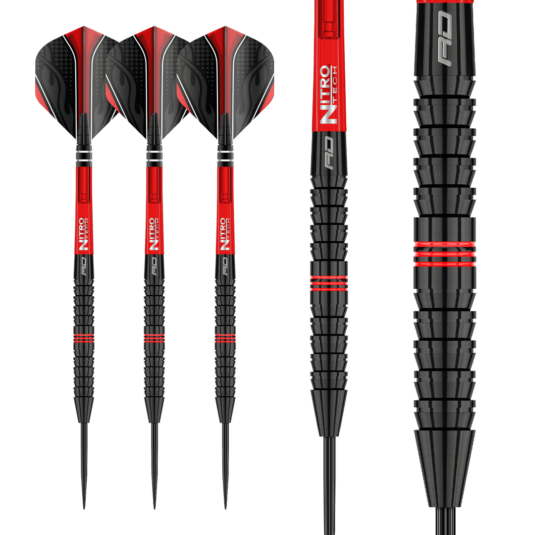 Red Dragon Jamie Lewis 90% Tungsten Darts — three darts and barrel close-up