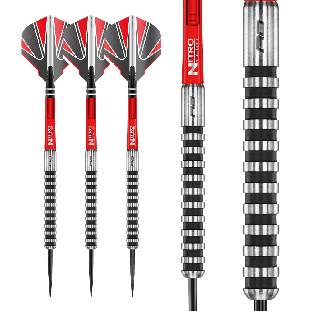Red Dragon Javelin Black Steel Tip Darts 90% Tungsten — three darts and barrel close-up