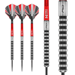 Red Dragon Javelin Black Steel Tip Darts 90% Tungsten — three darts and barrel close-up