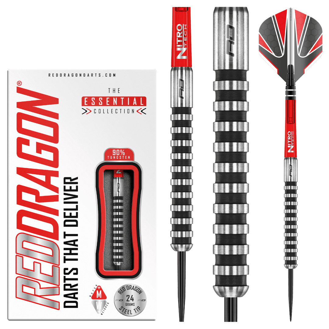 Red Dragon Javelin Black Steel Tip Darts 90% Tungsten — dart, barrel detail and packaging