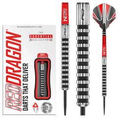 Red Dragon Javelin Black Steel Tip Darts 90% Tungsten — dart, barrel detail and packaging