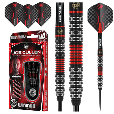 Winmau Joe Cullen Rockstar darts with barrel close-ups, flights and retail packaging