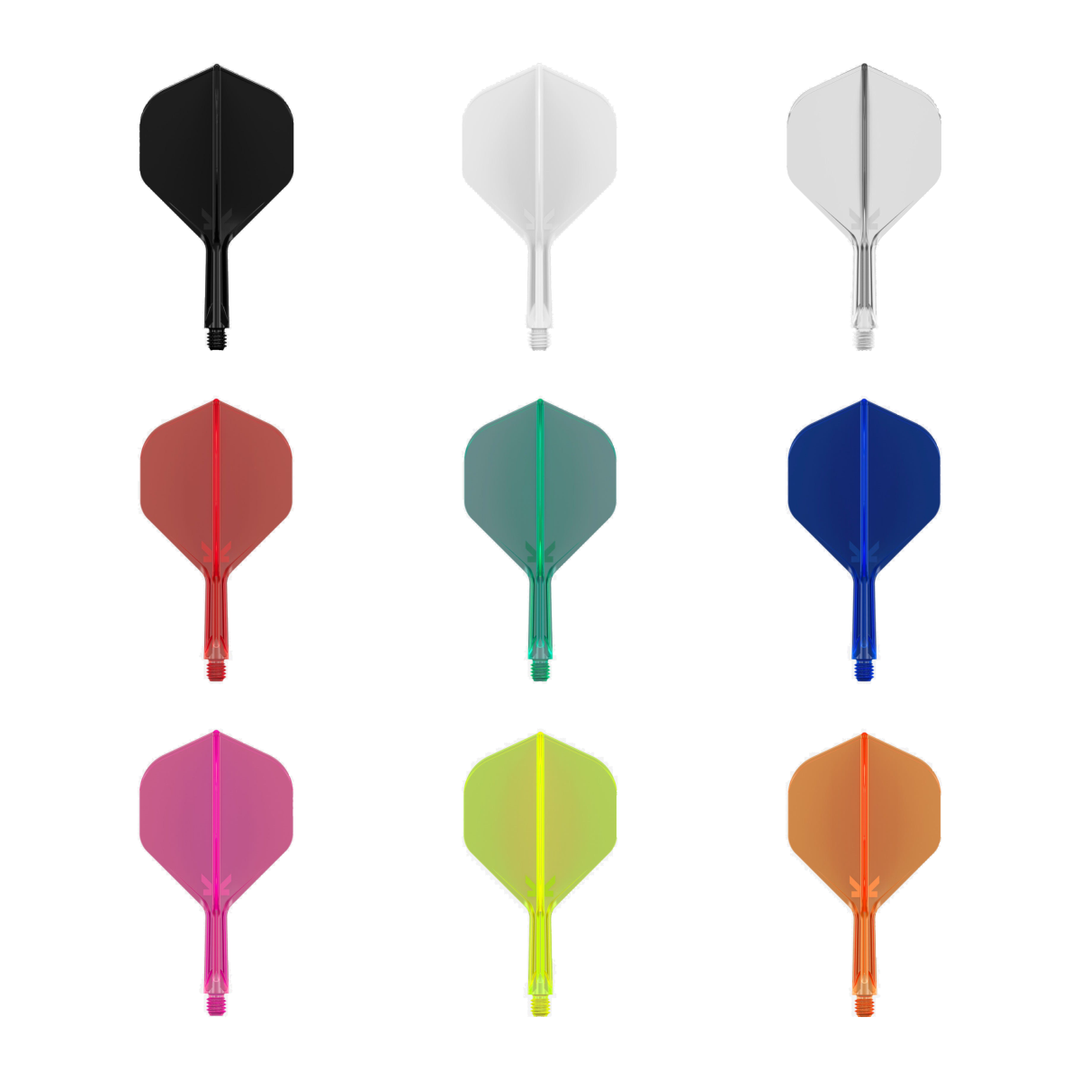 Target K-Flex No.2 integrated flights and shafts in all nine offered colours: black, white, clear, red, green, blue, neon pink, neon yellow and neon orange. Colours sold separately.