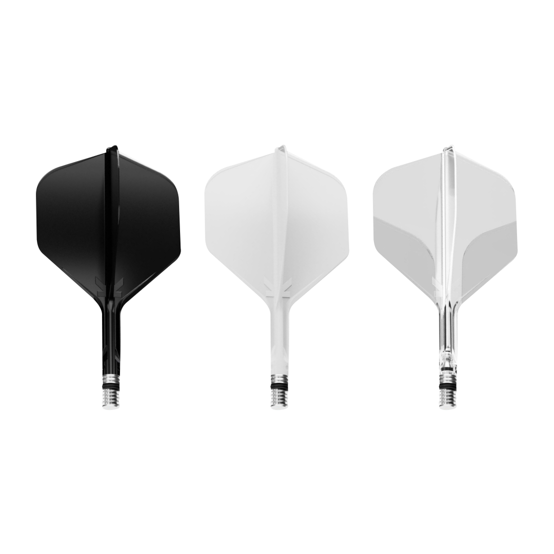 Target K-Shift No.2 integrated flights and shafts, one black, white and clear system shown on white. Colours sold separately.