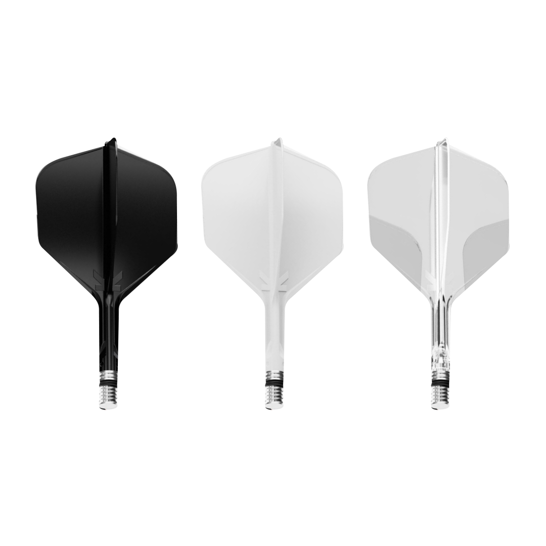 Target K-Shift No.6 integrated flights and shafts, one black, white and clear system shown on white. Colours sold separately.